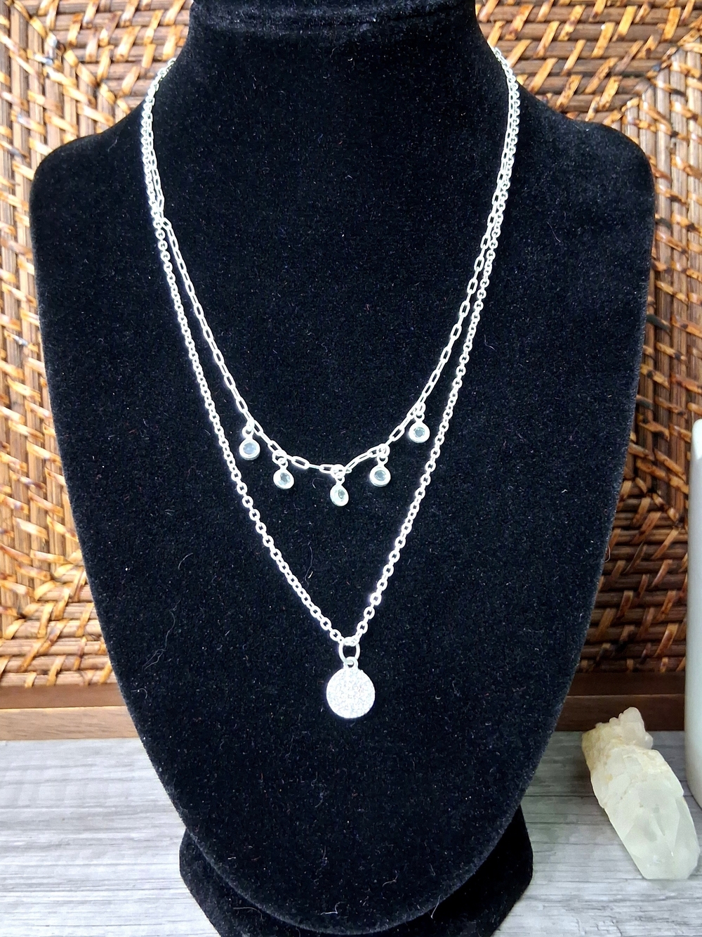 Silver Layered Rhinestone Disc Charm Necklace - Adjustable